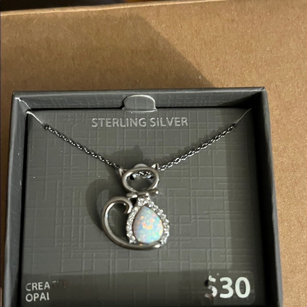 Brilliance Fine Jewelry Sterling Silver Cat Necklace with Opal